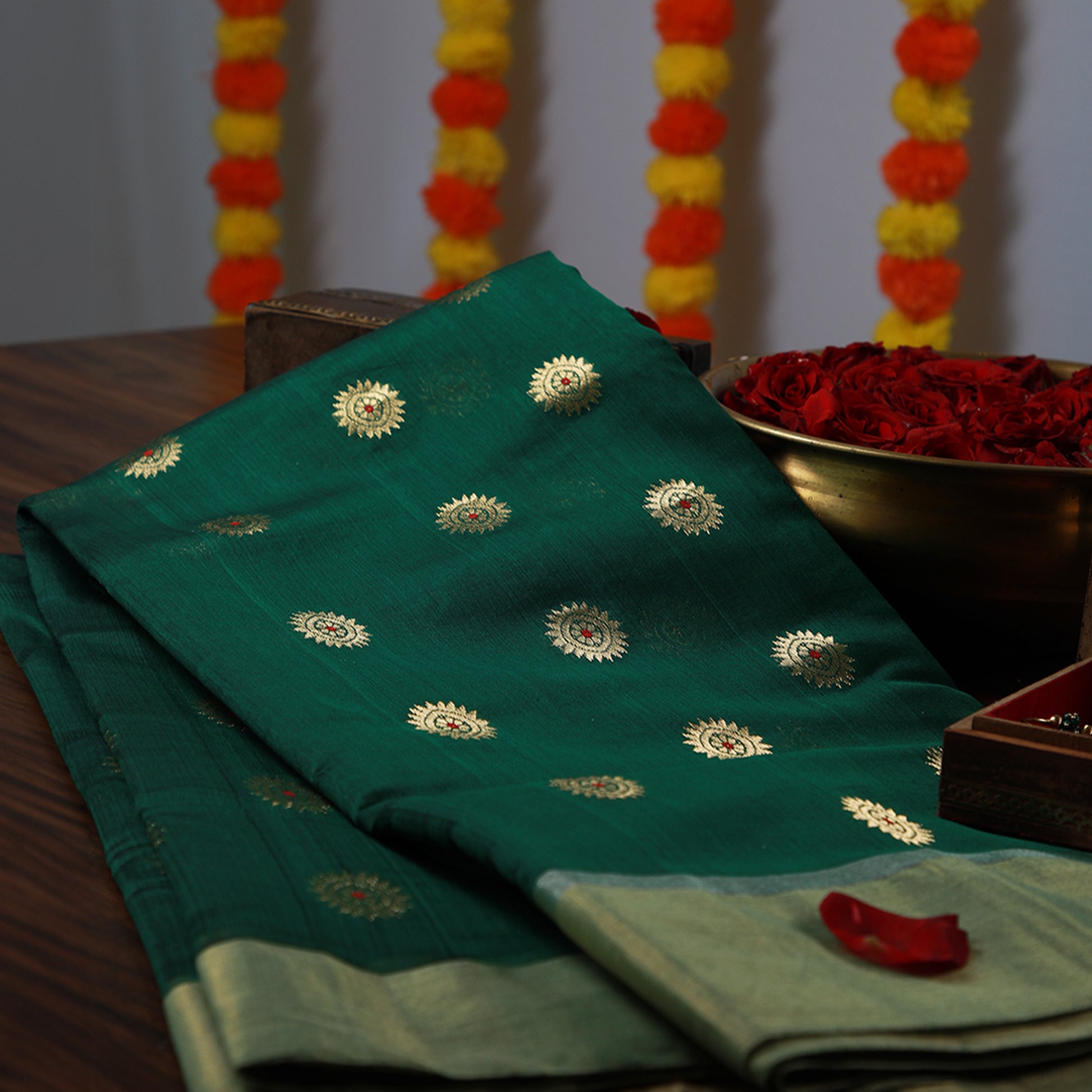 Dark Green Cotton Silk Saree with Golden Buttis
