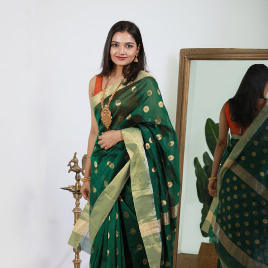 BAHAR - Dark Green Cotton Saree with Golden Border