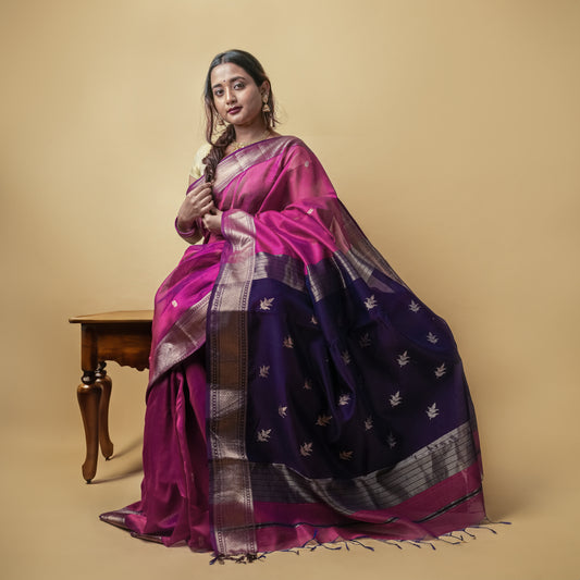 KASHVI - Dark Pink Cotton Silk Maheshwari Saree with Floral Motifs