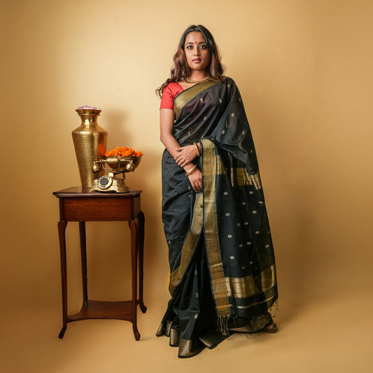 Black Cotton Silk Maheshwari Saree with Star Motifs