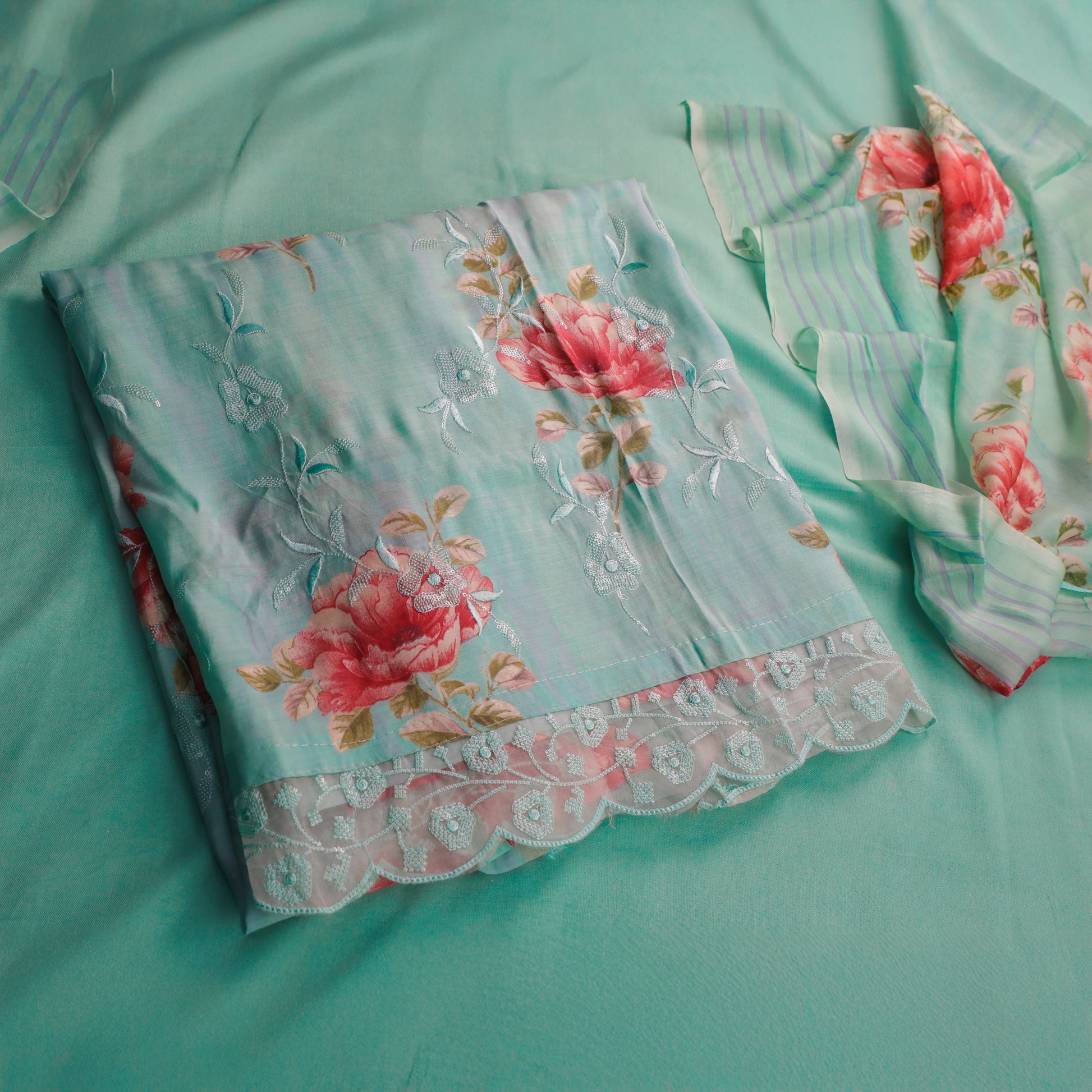 SNEHA - Sea Green Cotton Silk Suit Set