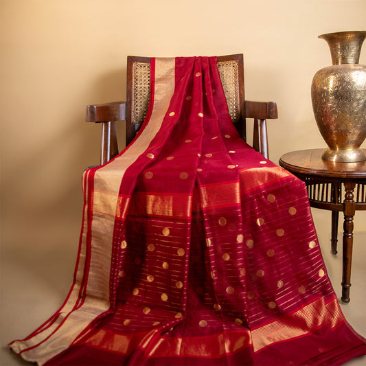 MANGALYA - Maroon Cotton Silk Chanderi Saree with Golden Border
