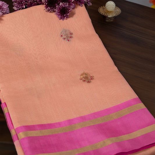 Peach Cotton Silk Chanderi Saree with Floral Motifs