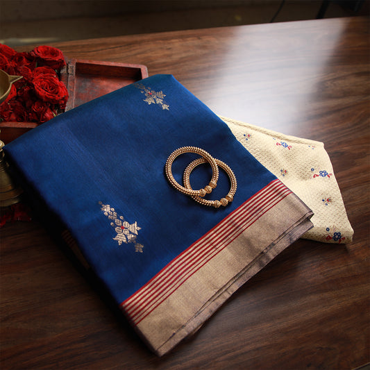 NEELAM - Dark Blue Cotton Silk Chanderi Saree with Golden Border