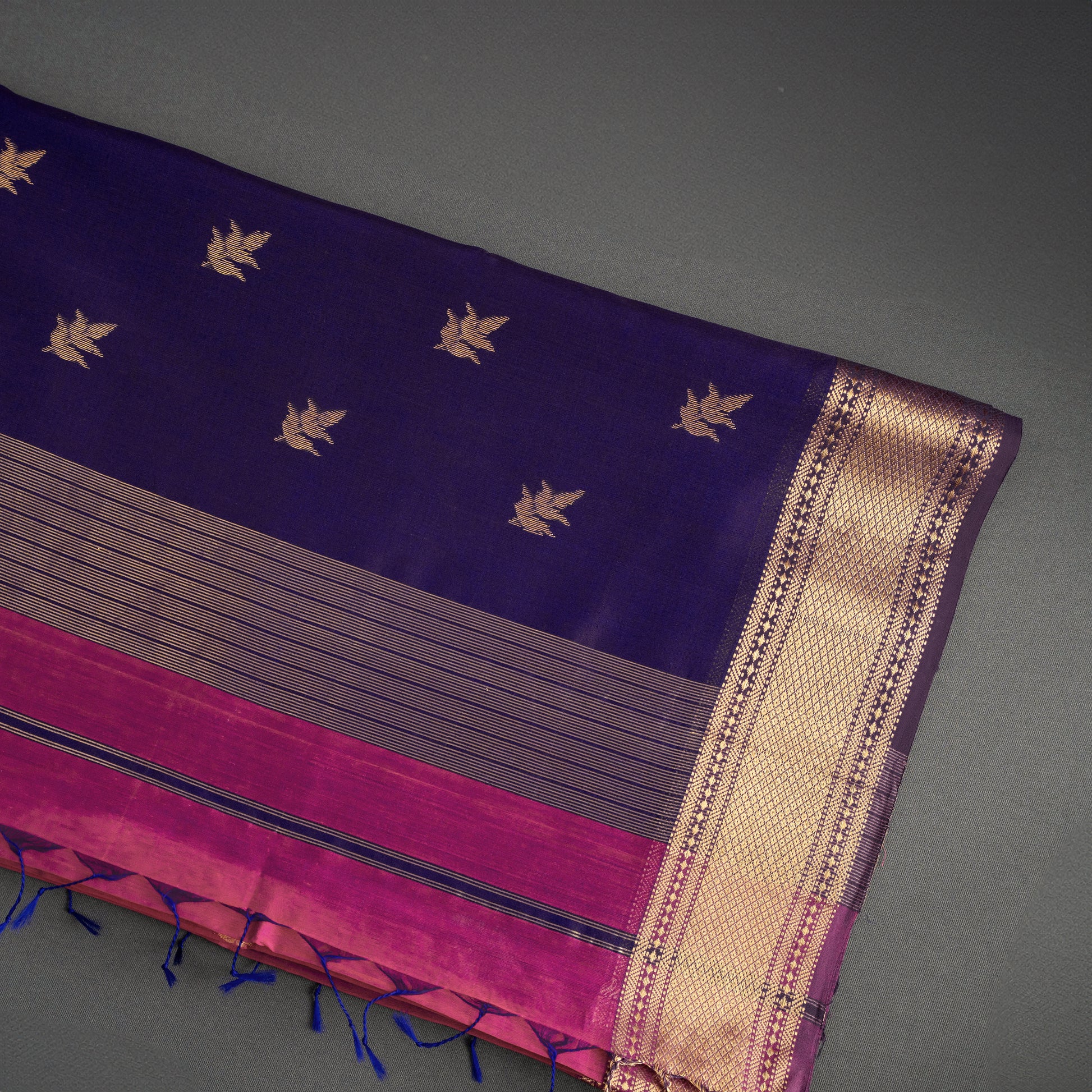 Dark Pink Cotton Silk Maheshwari Saree with Golden Stripes