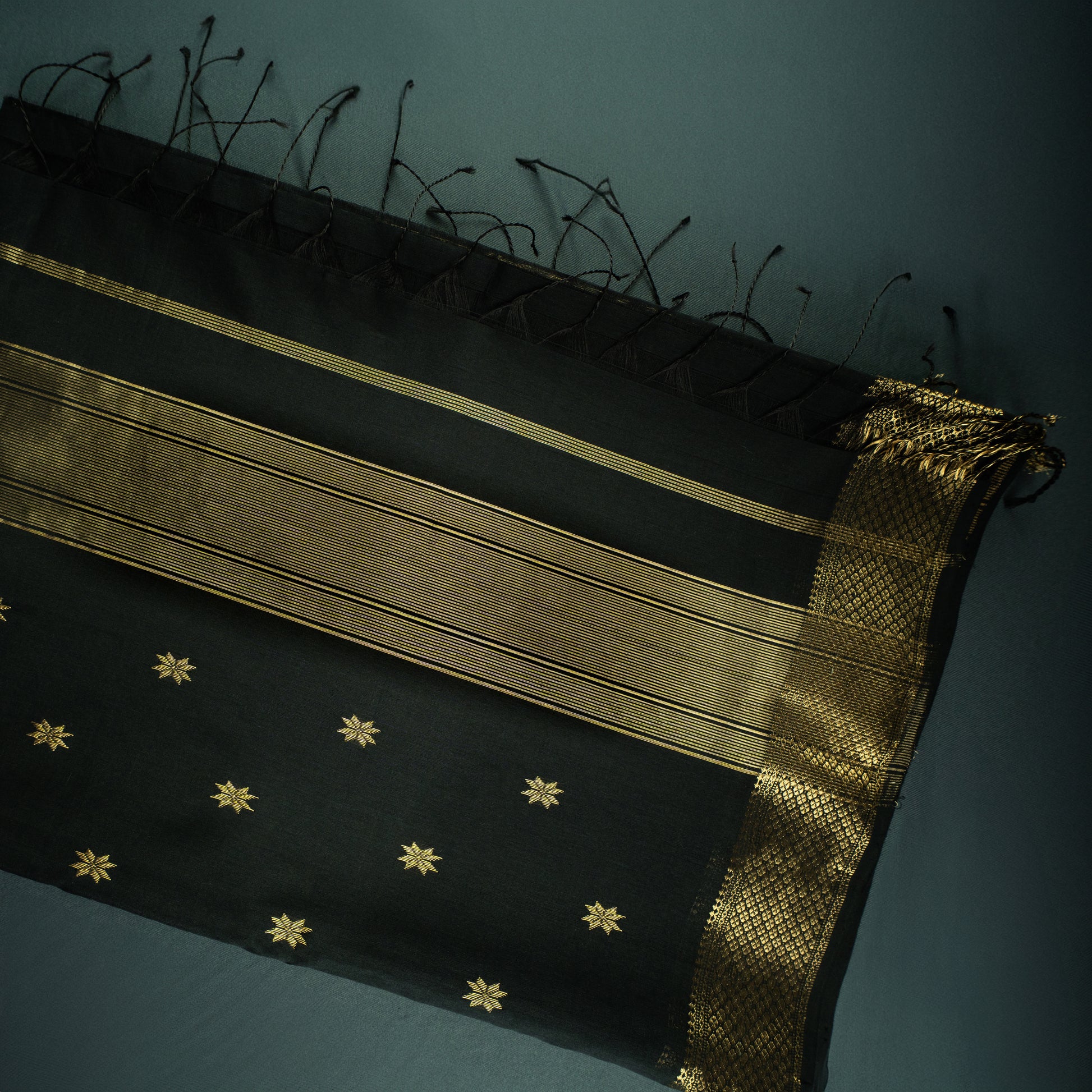 Black Cotton Silk Maheshwari Saree with Golden Zari