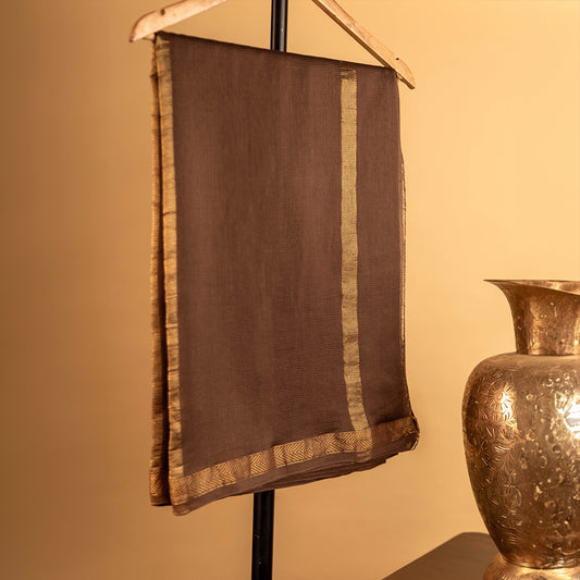 Brown Cotton Silk Chanderi Saree with Golden Border