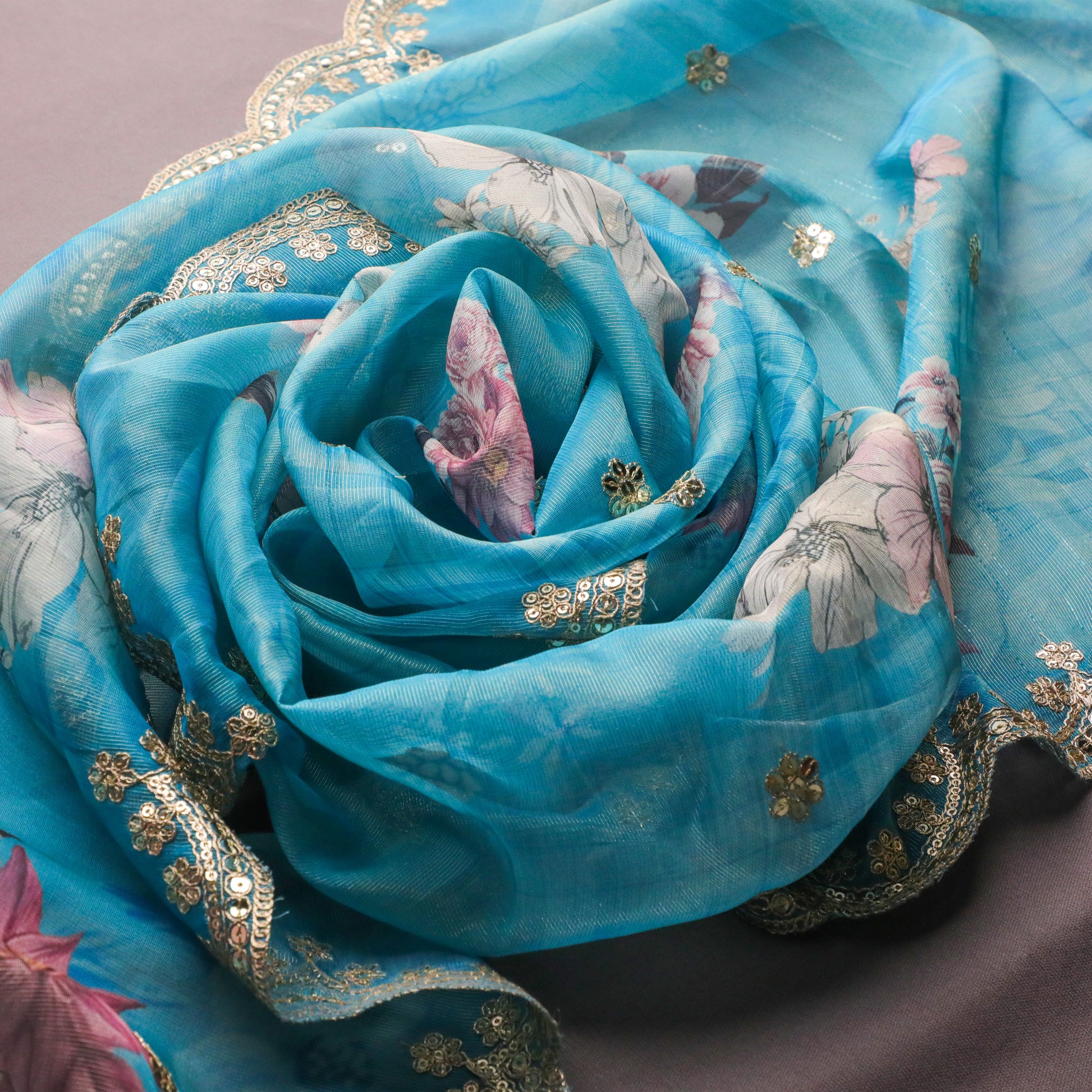 SHREYASI - Turquoise Blue Floral Digital Printed Dupatta