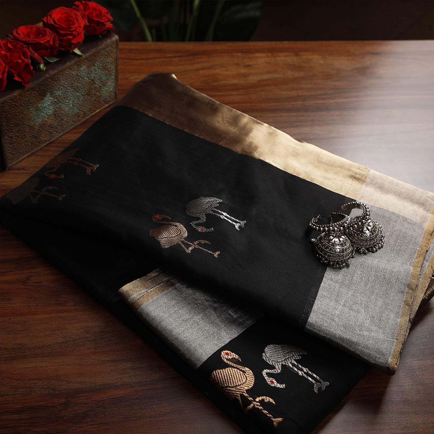 Black Chanderi Cotton Silk Saree with Swan Motifs