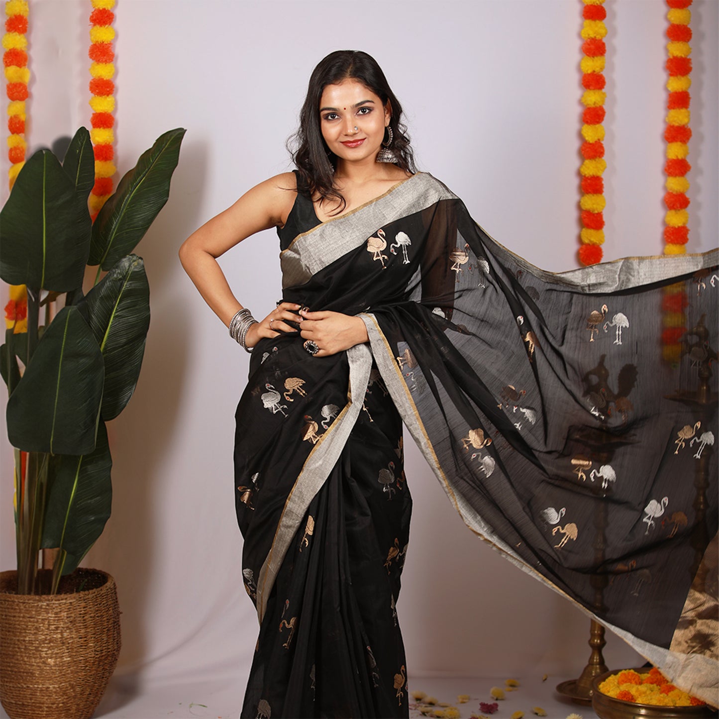 SHYAM - Black Chanderi Silk Saree with Swan Motifs