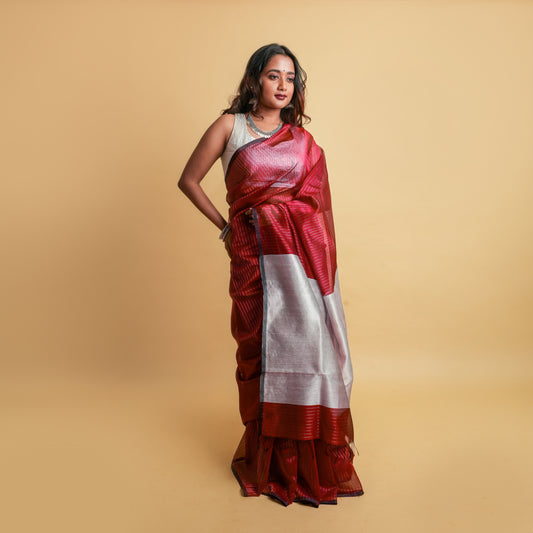 ISHA - Maroon Cotton Silk Maheshwari Saree