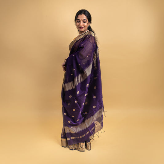 LAKSHANYA - Purple Cotton Silk Maheshwari Saree with Floral Motifs