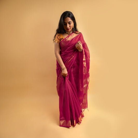 MEHAK - Dark Pink Cotton Silk Maheshwari Saree