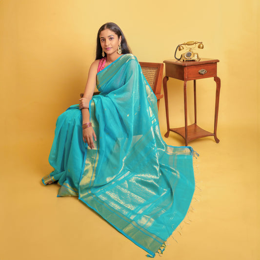 TAMANNA - Turquoise Cotton Silk Maheshwari Saree