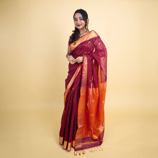 TARUNA - Magenta Cotton Silk Maheshwari Saree